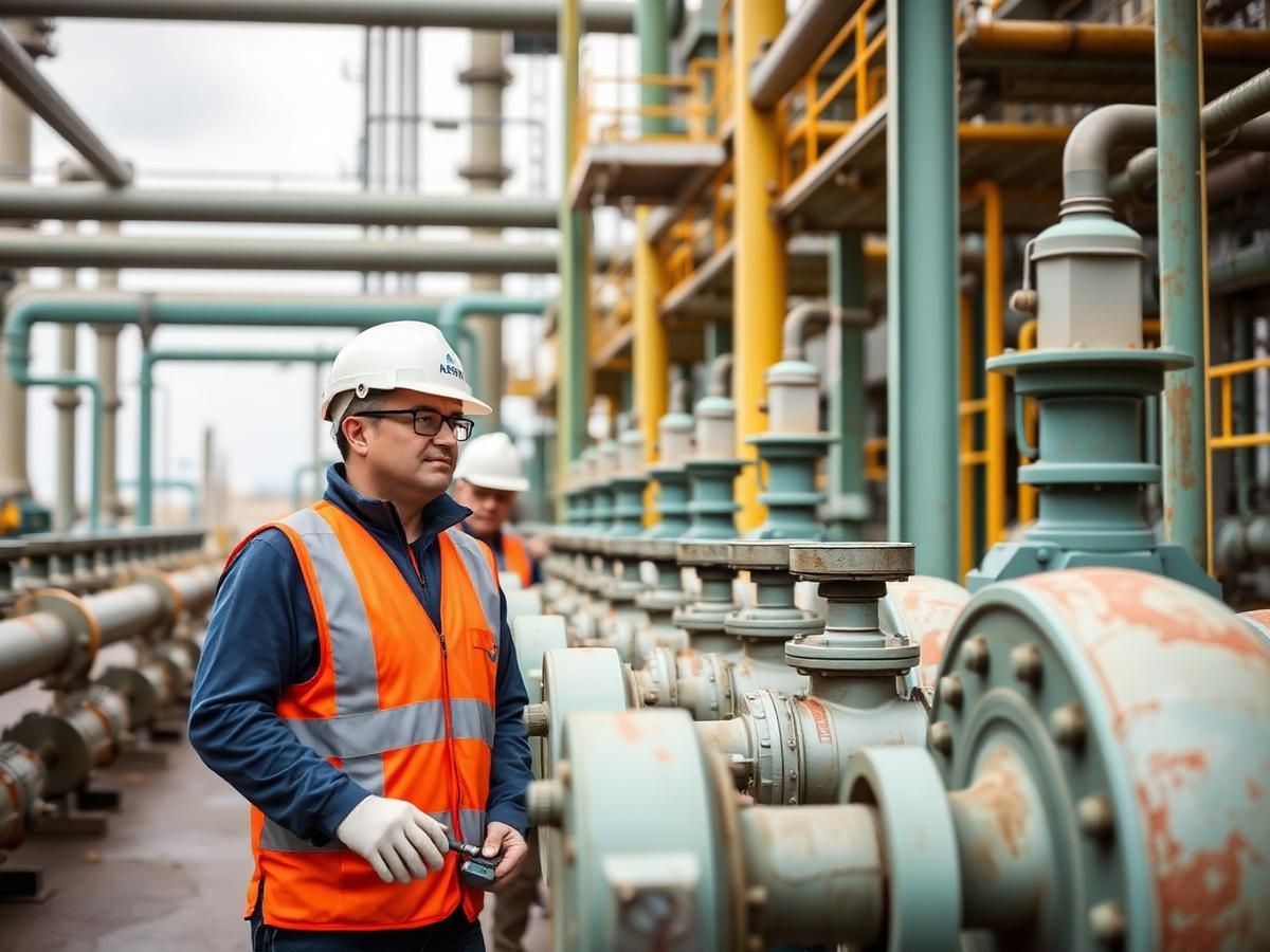 Ingenieros inspeccionando válvulas en una planta industrial